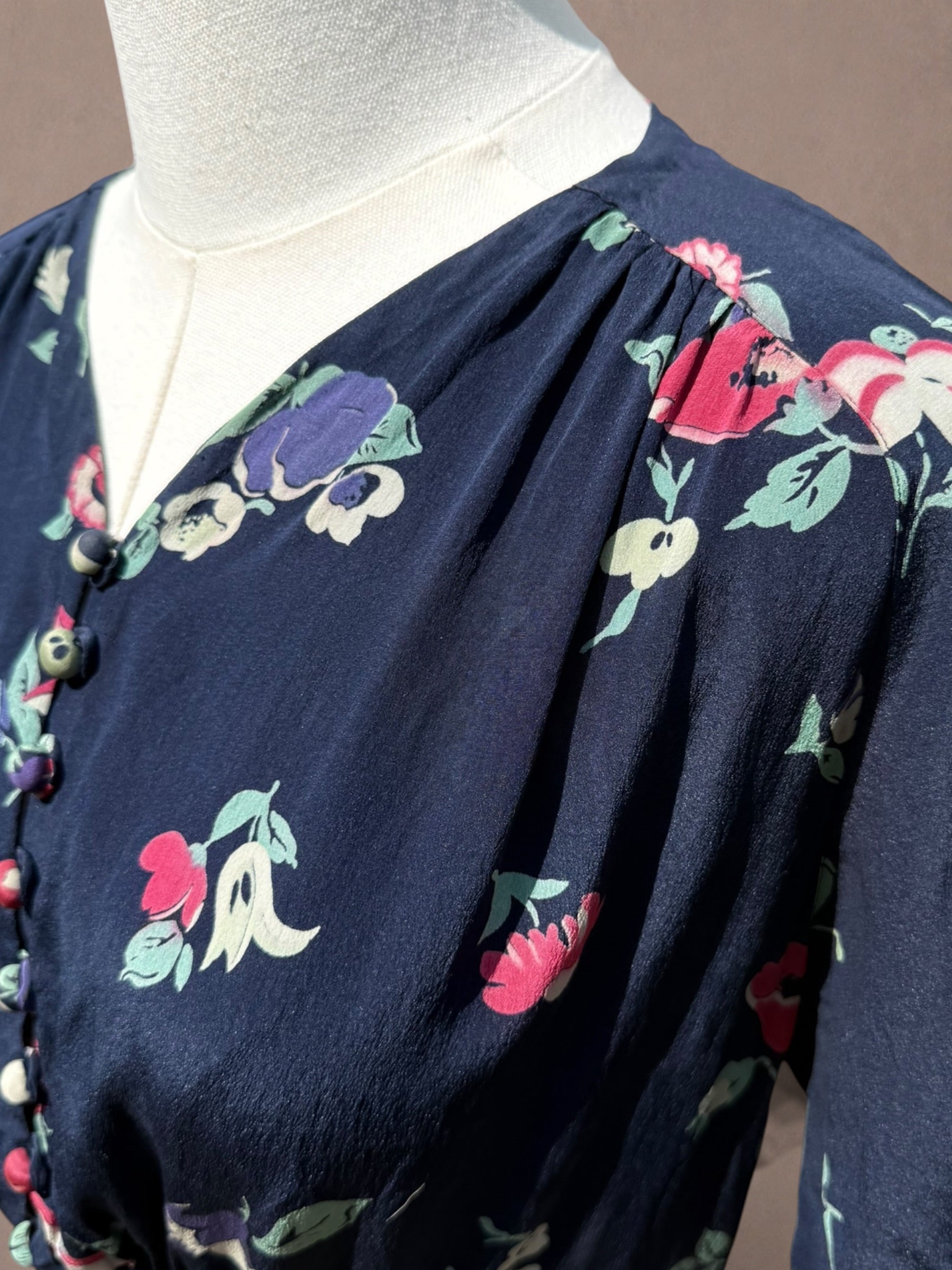 Navy Floral 1930s Bias Cut Rayon Day Dress