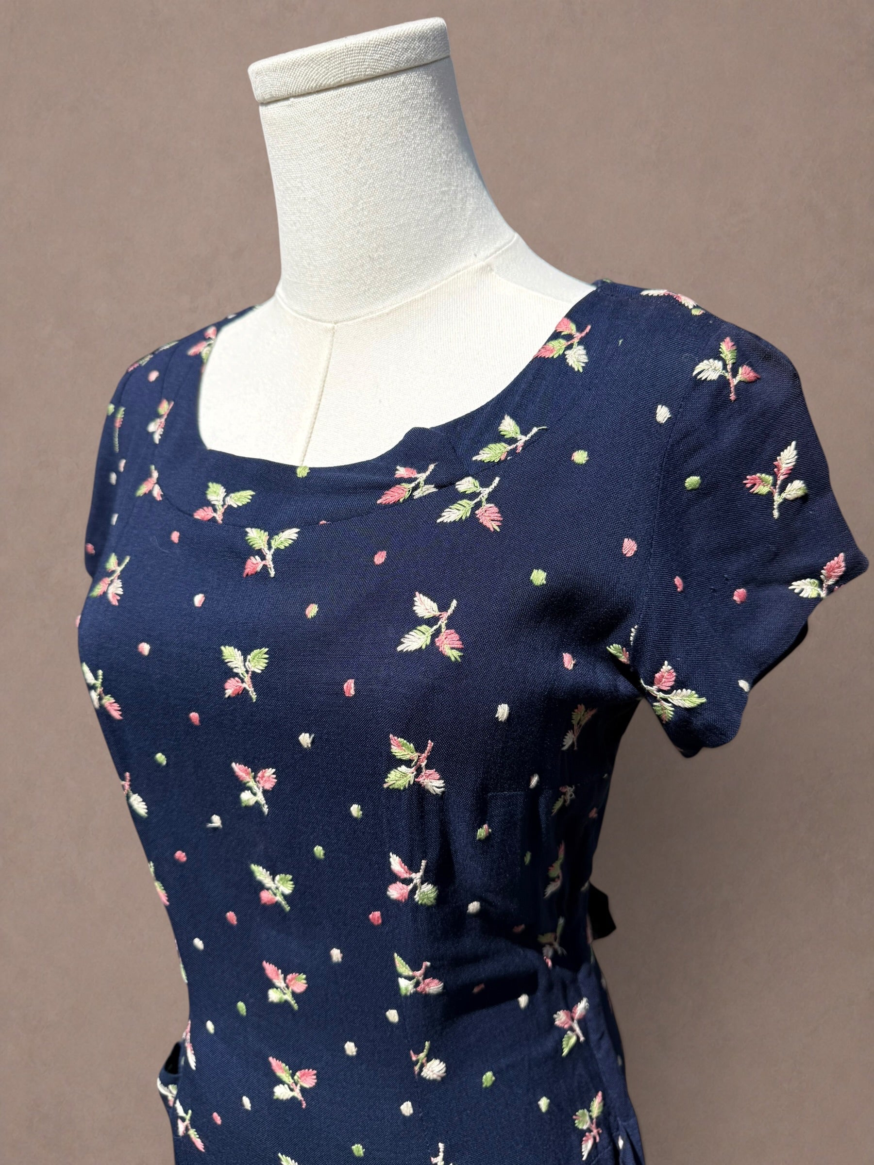 Navy Floral Embroidered Rayon 1940s Day Dress