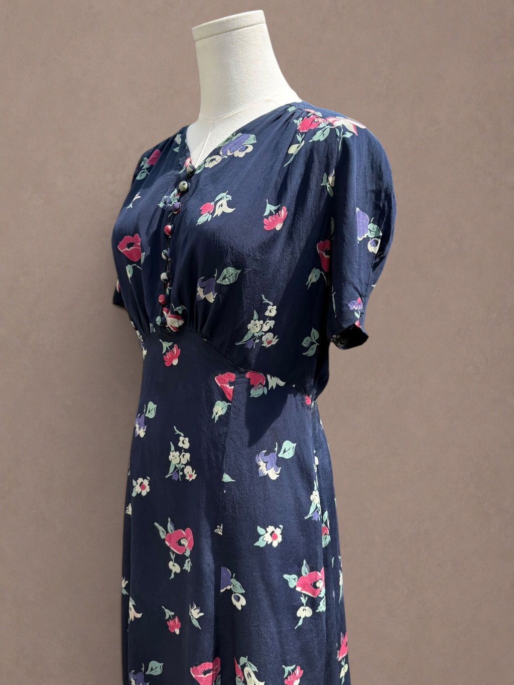 Navy Floral 1930s Bias Cut Rayon Day Dress
