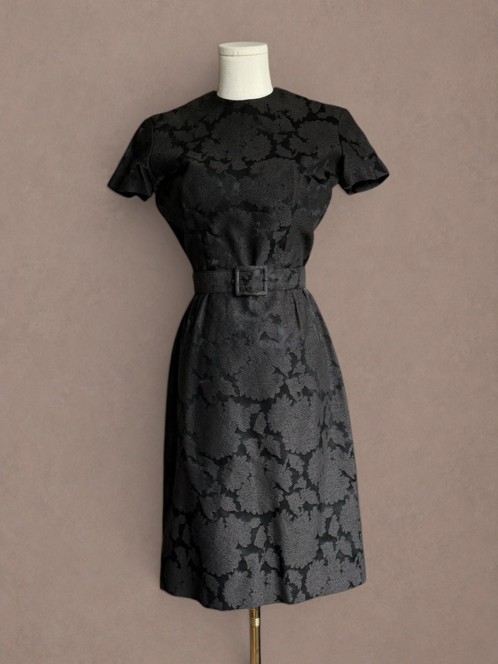 Black Floral Brocade 50s Cocktail Dress with Matching Belt