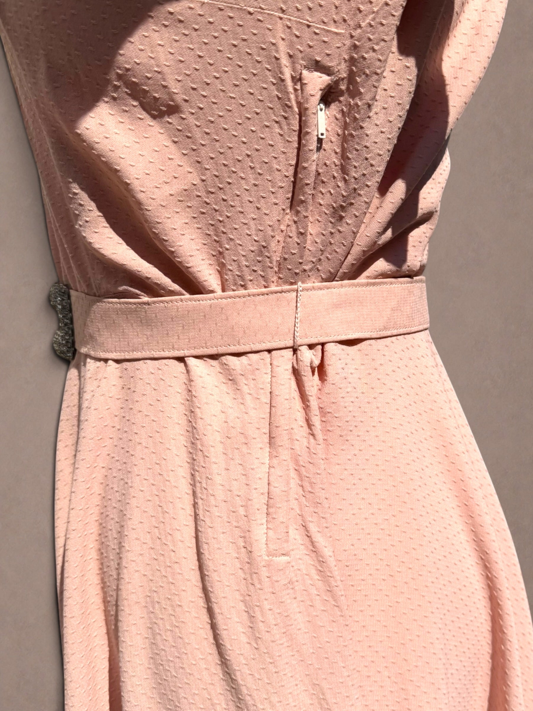 Blush Pink 1940s Swiss Dot Rayon Crepe Dress with Rhinestone Trim & Belt