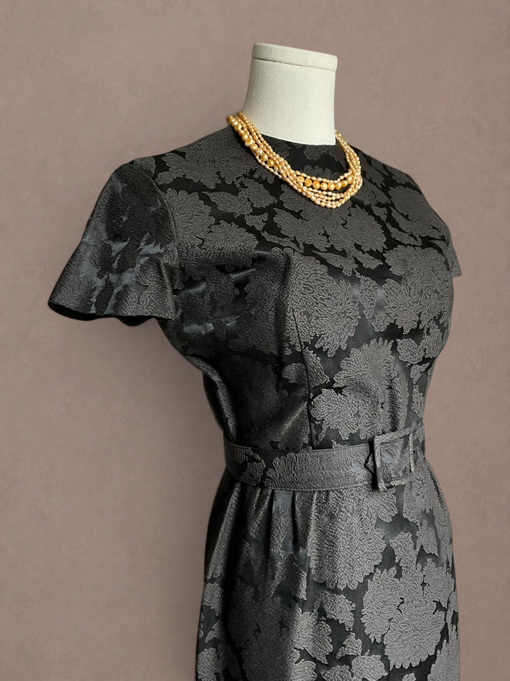 Black Floral Brocade 50s Cocktail Dress with Matching Belt