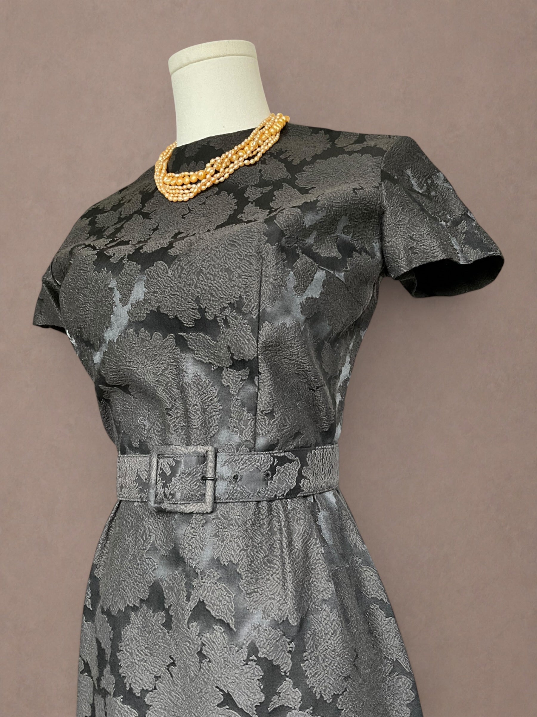Black Floral Brocade 50s Cocktail Dress with Matching Belt