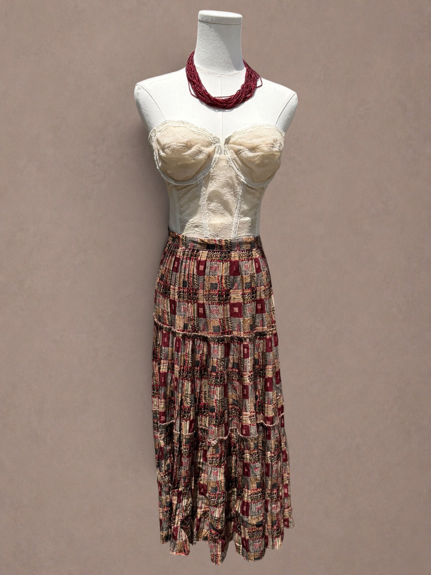 Patchwork Print 1970s Rayon Prairie Skirt