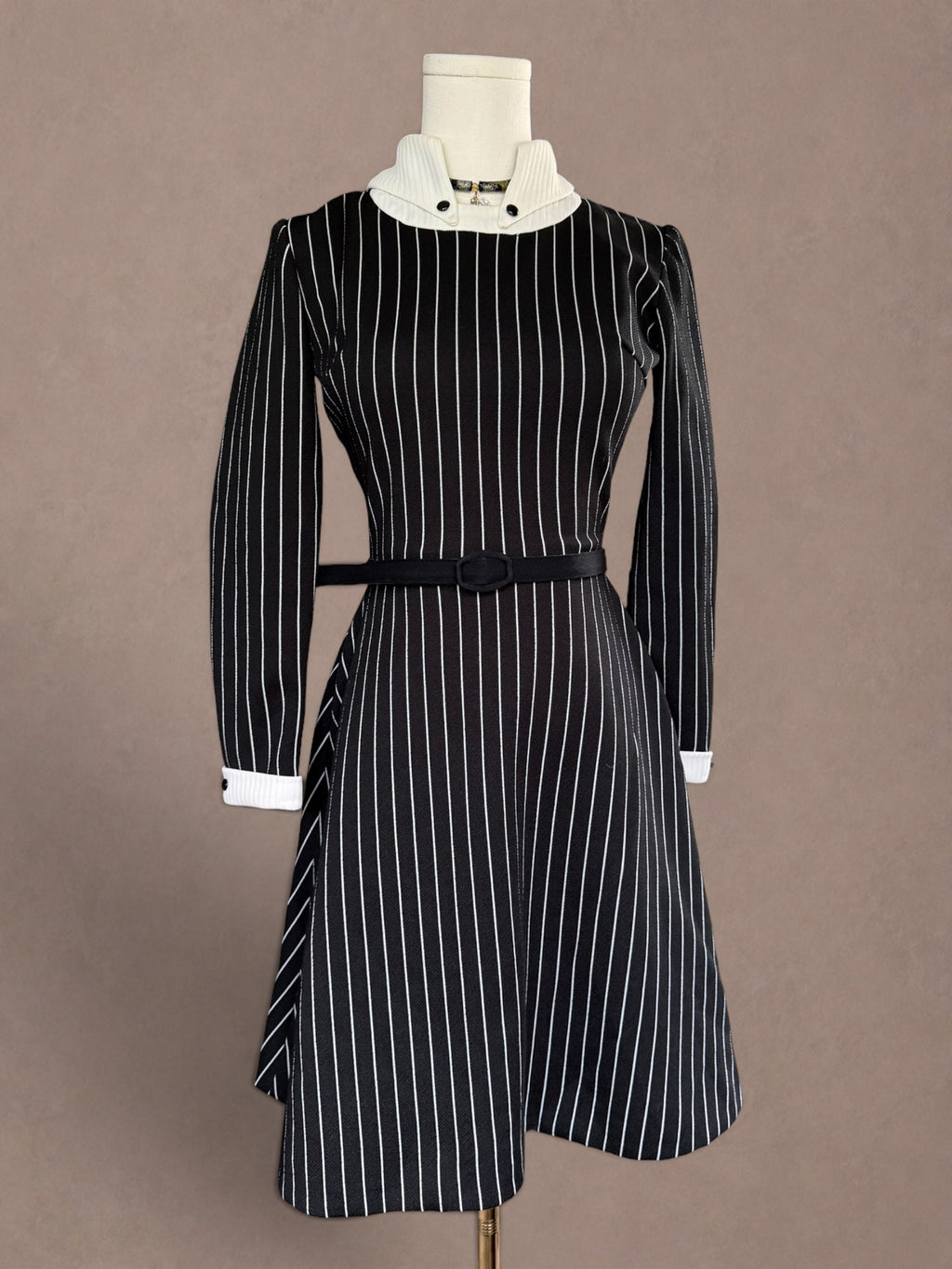Mod Revival 70s Pinstripe Dress with Sculptural Collar