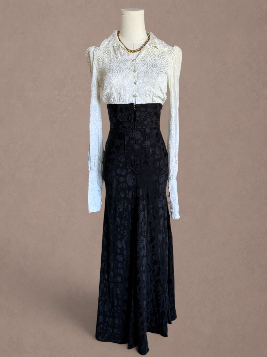 Mr. Boots Black & Ivory Jacquard Maxi Dress with Abstract Satin Skirt