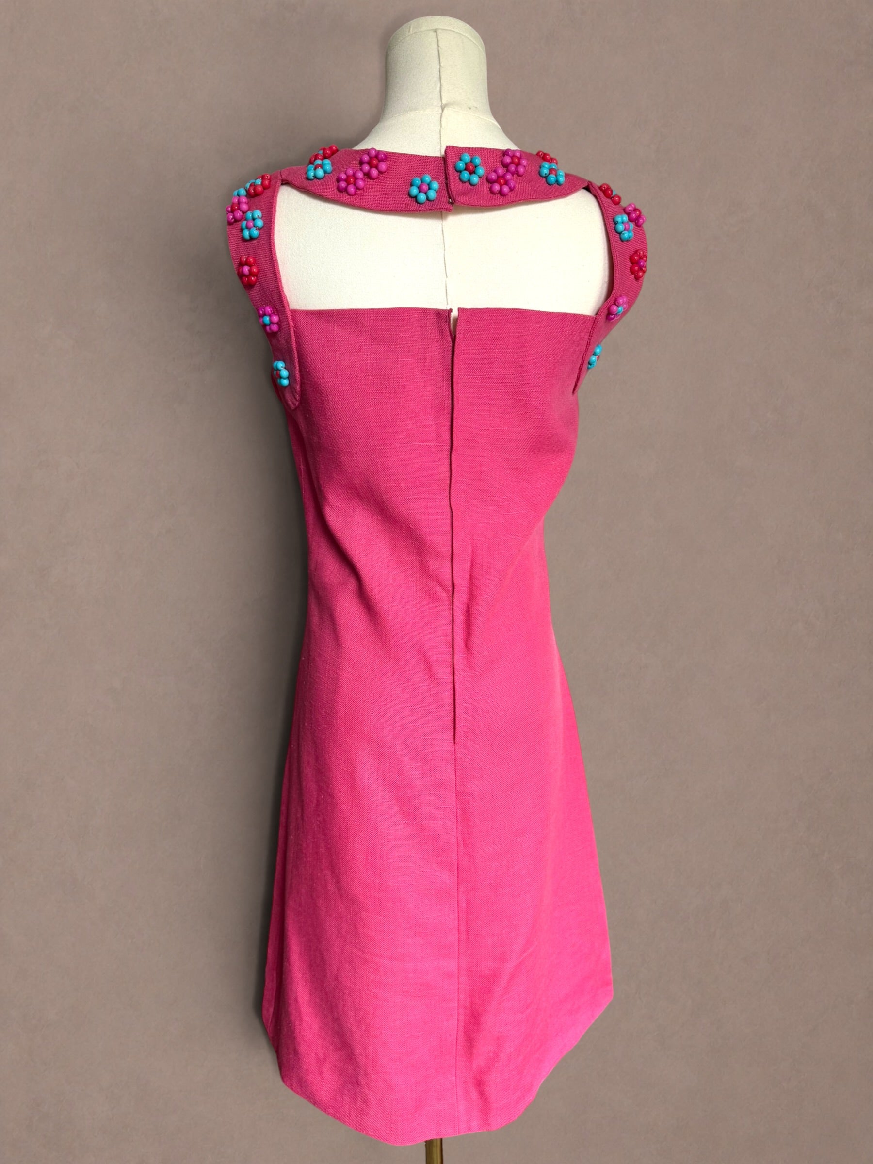Pink Beaded Mod Mini Dress • Linen Shift Dress • Candy Colored Floral Beadwork