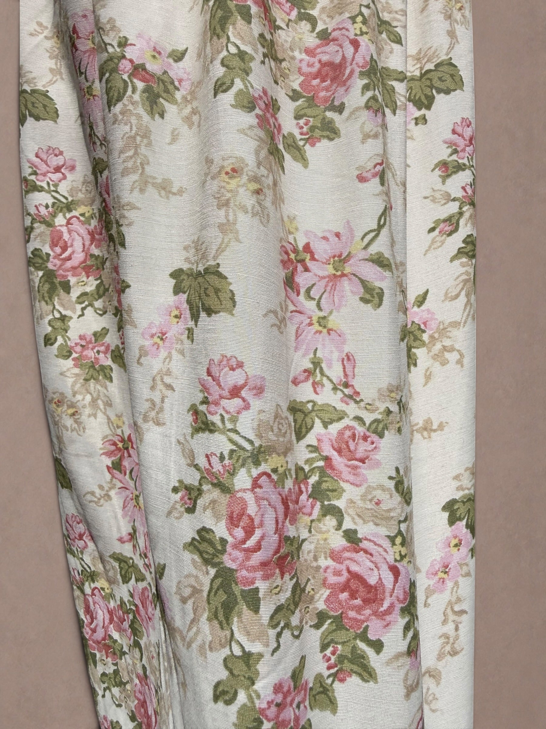 Cream and Pink 1980s Rose Garden Rayon Midi Skirt