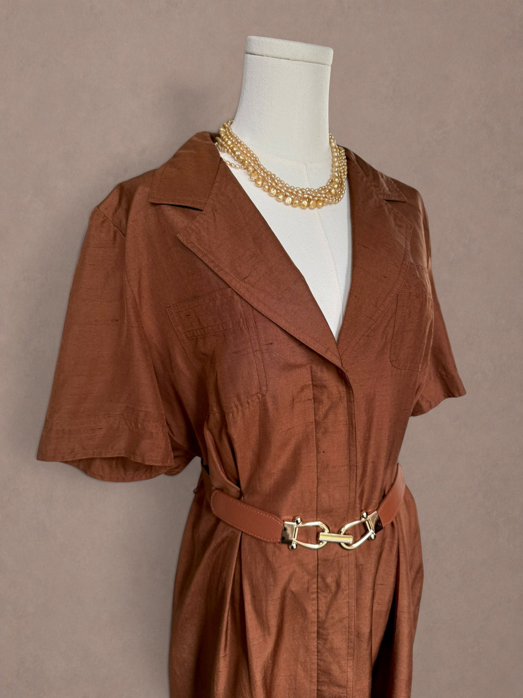 Copper Silk 80s does 40s Shirt Dress Day Dress by G.B. Sott