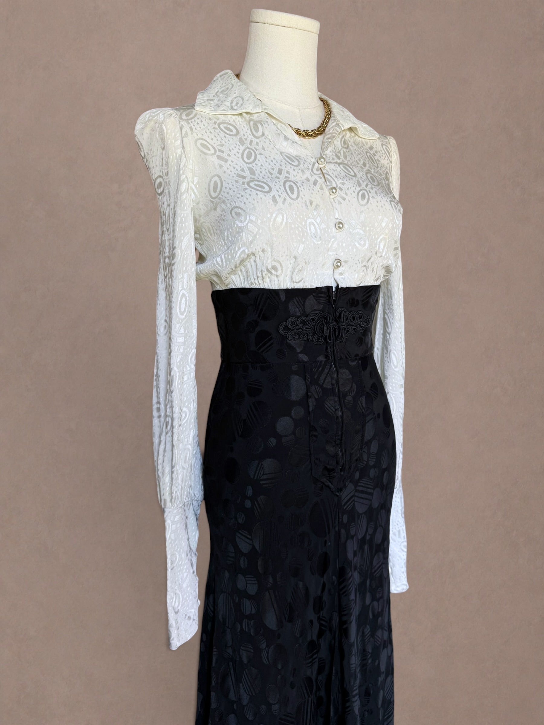 Mr. Boots Black & Ivory Jacquard Maxi Dress with Abstract Satin Skirt
