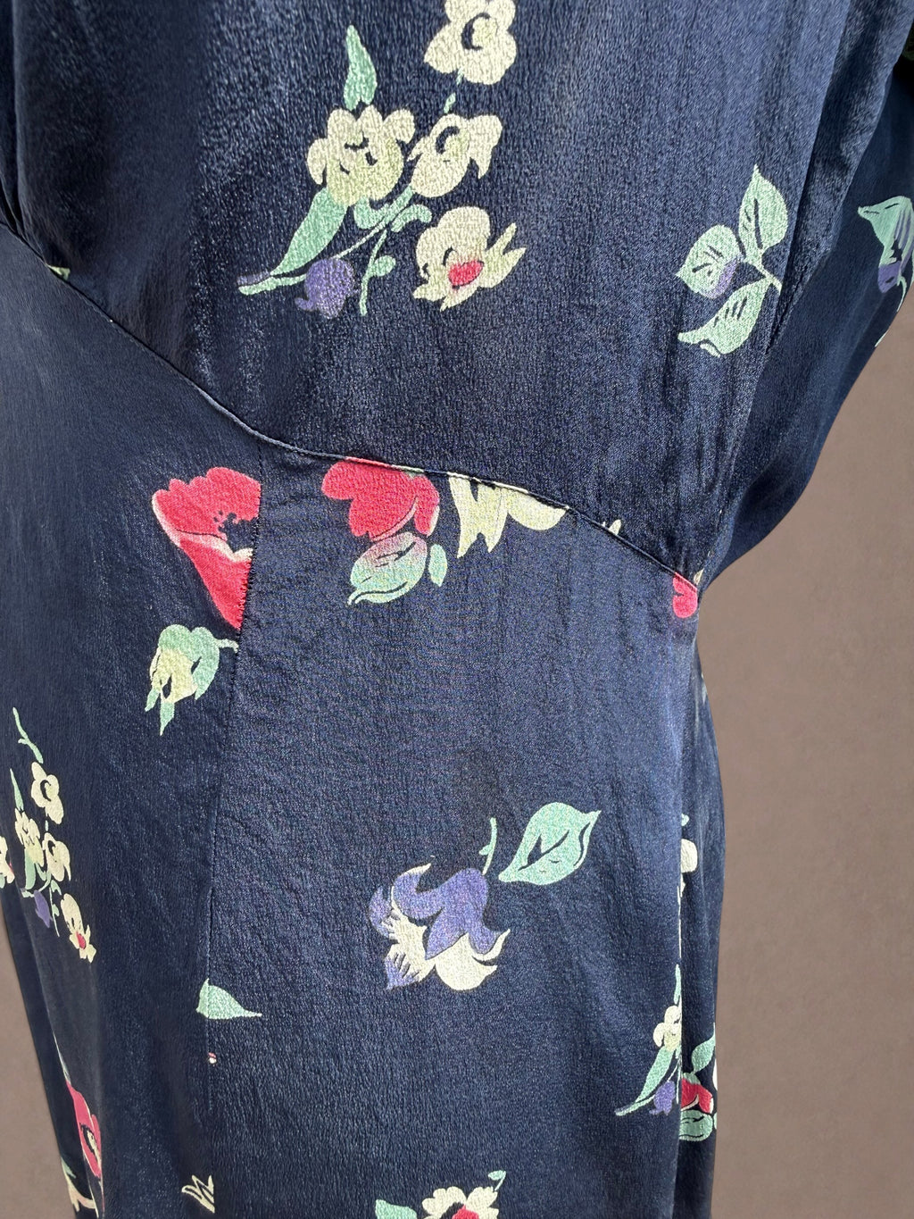 Navy Floral 1930s Bias Cut Rayon Day Dress