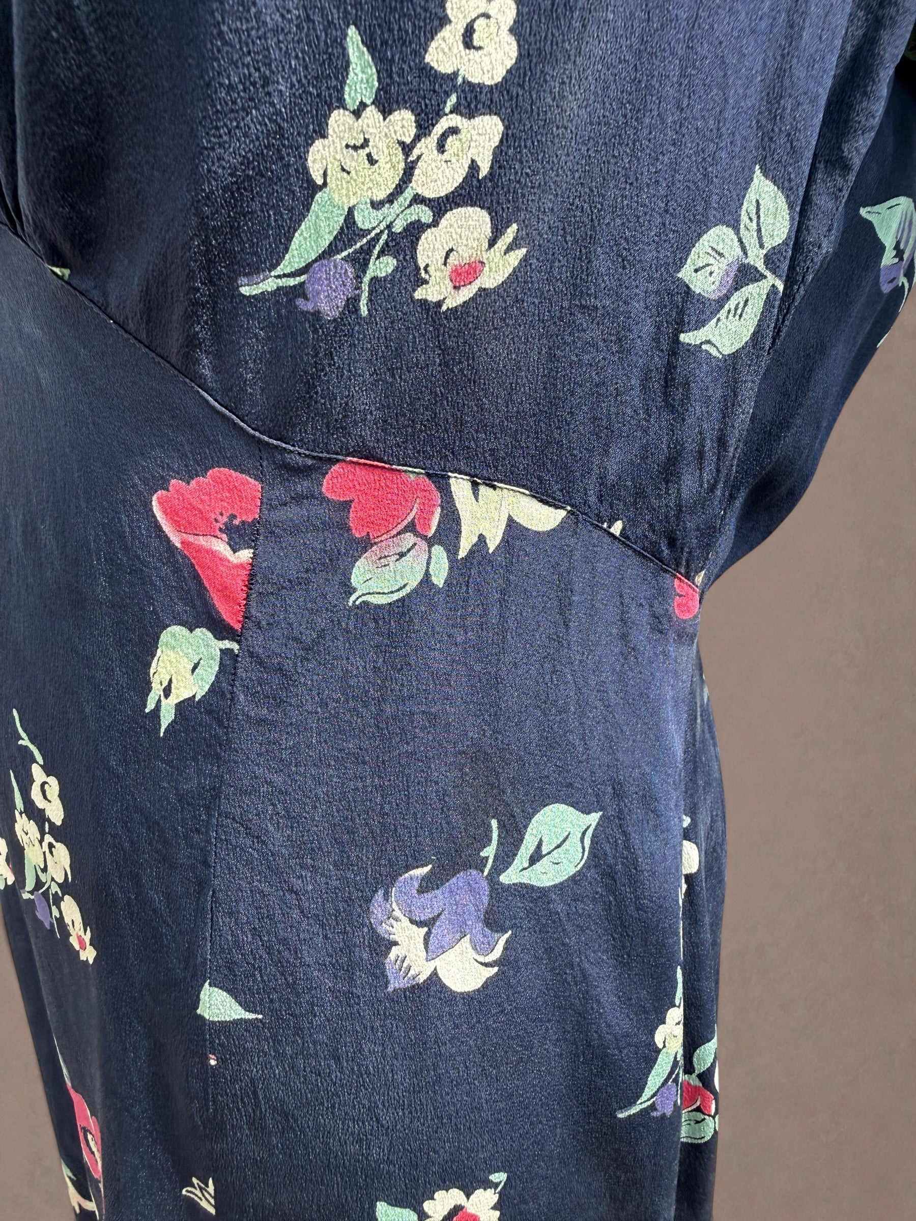 Navy Floral 1930s Bias Cut Rayon Day Dress