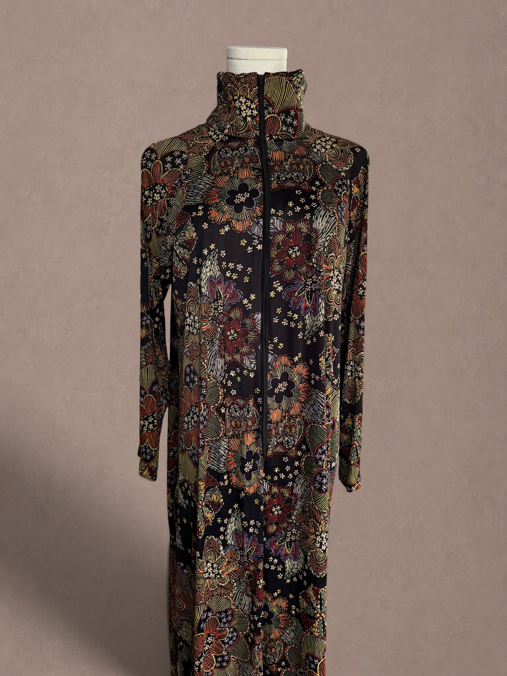 Psychedelic Owl Print 70s Zip Front Hostess Dress by Butterfield 8
