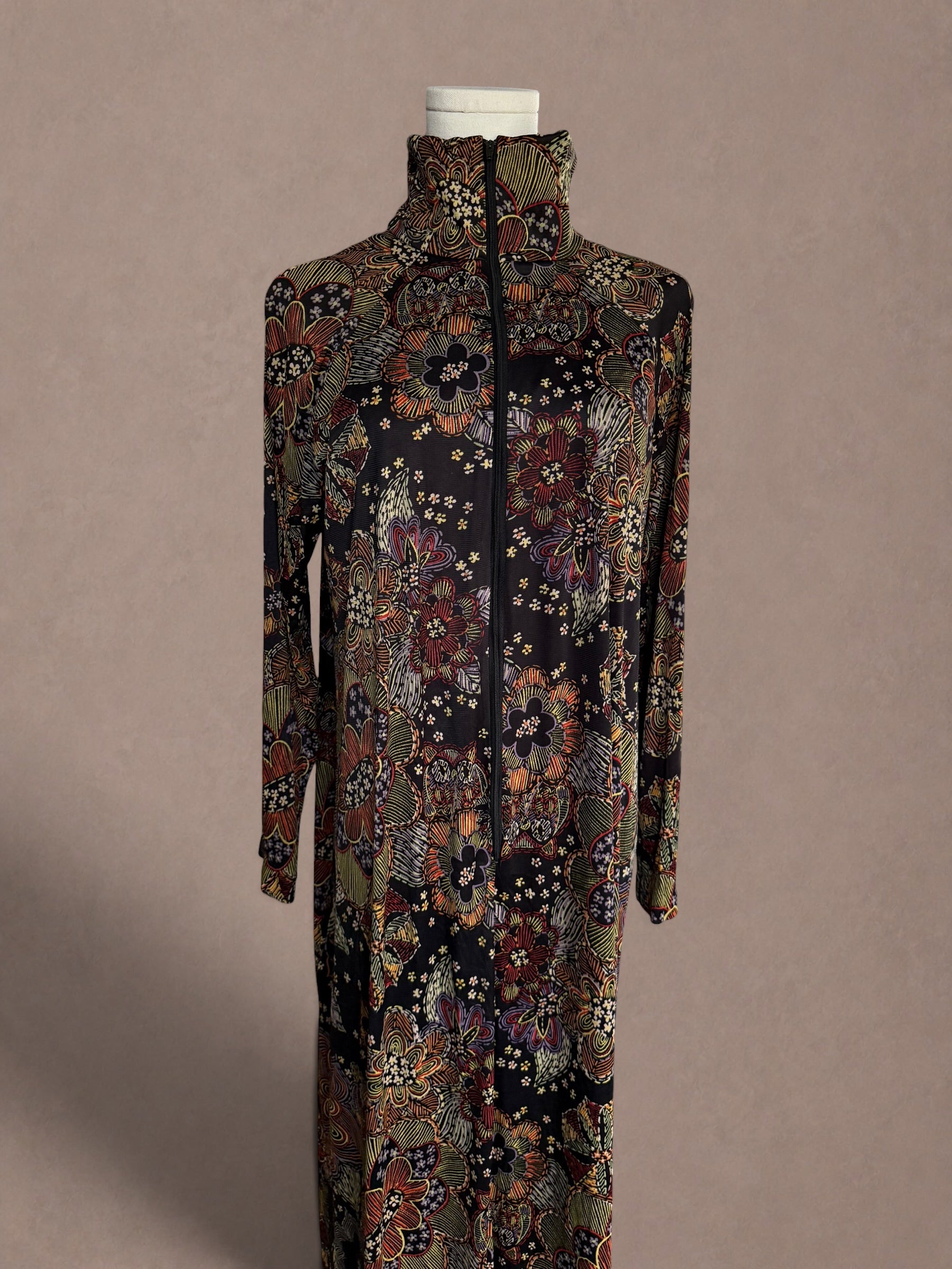 Psychedelic Owl Print 70s Zip Front Hostess Dress by Butterfield 8