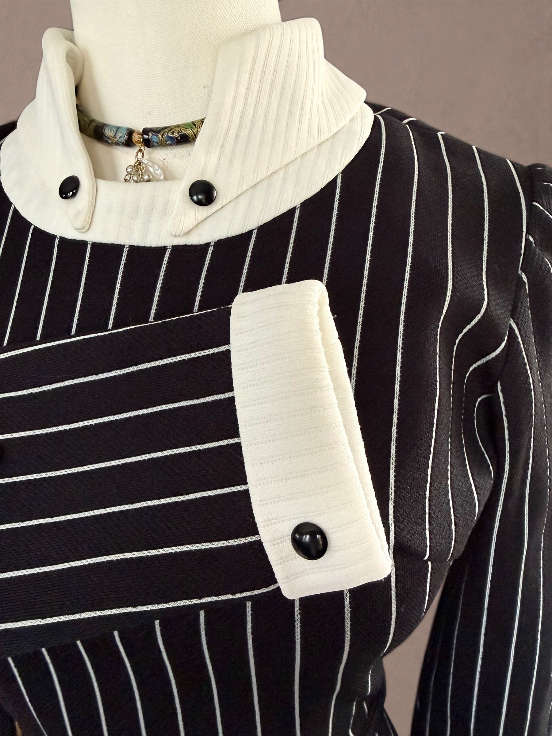 Mod Revival 70s Pinstripe Dress with Sculptural Collar