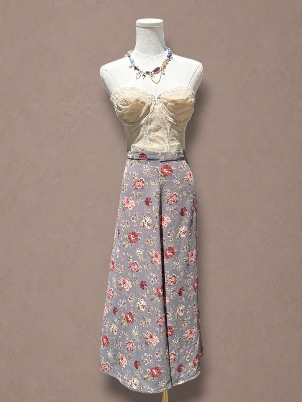 Dusty Rose Floral 90s does 40s Bias-Cut Midi Skirt