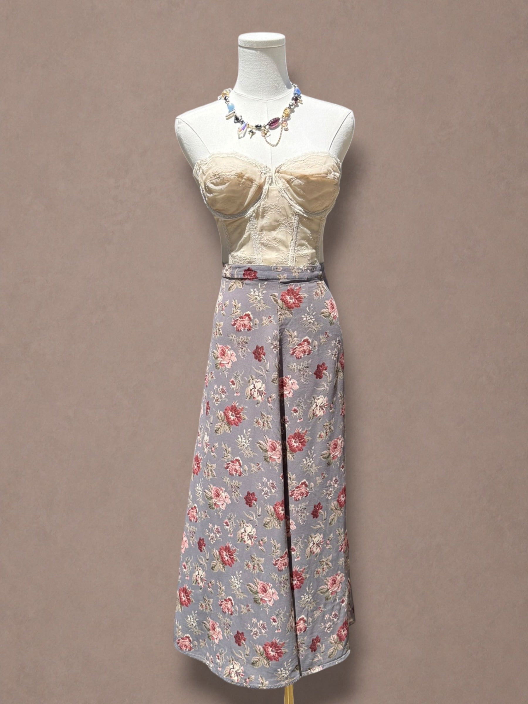 Dusty Rose Floral 90s does 40s Bias-Cut Midi Skirt
