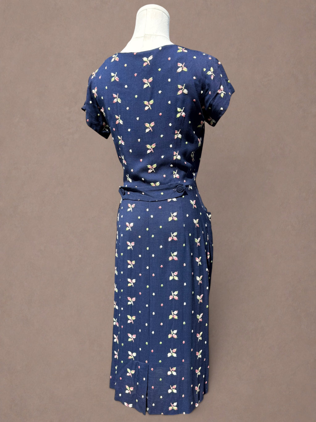 Navy Floral Embroidered Rayon 1940s Day Dress