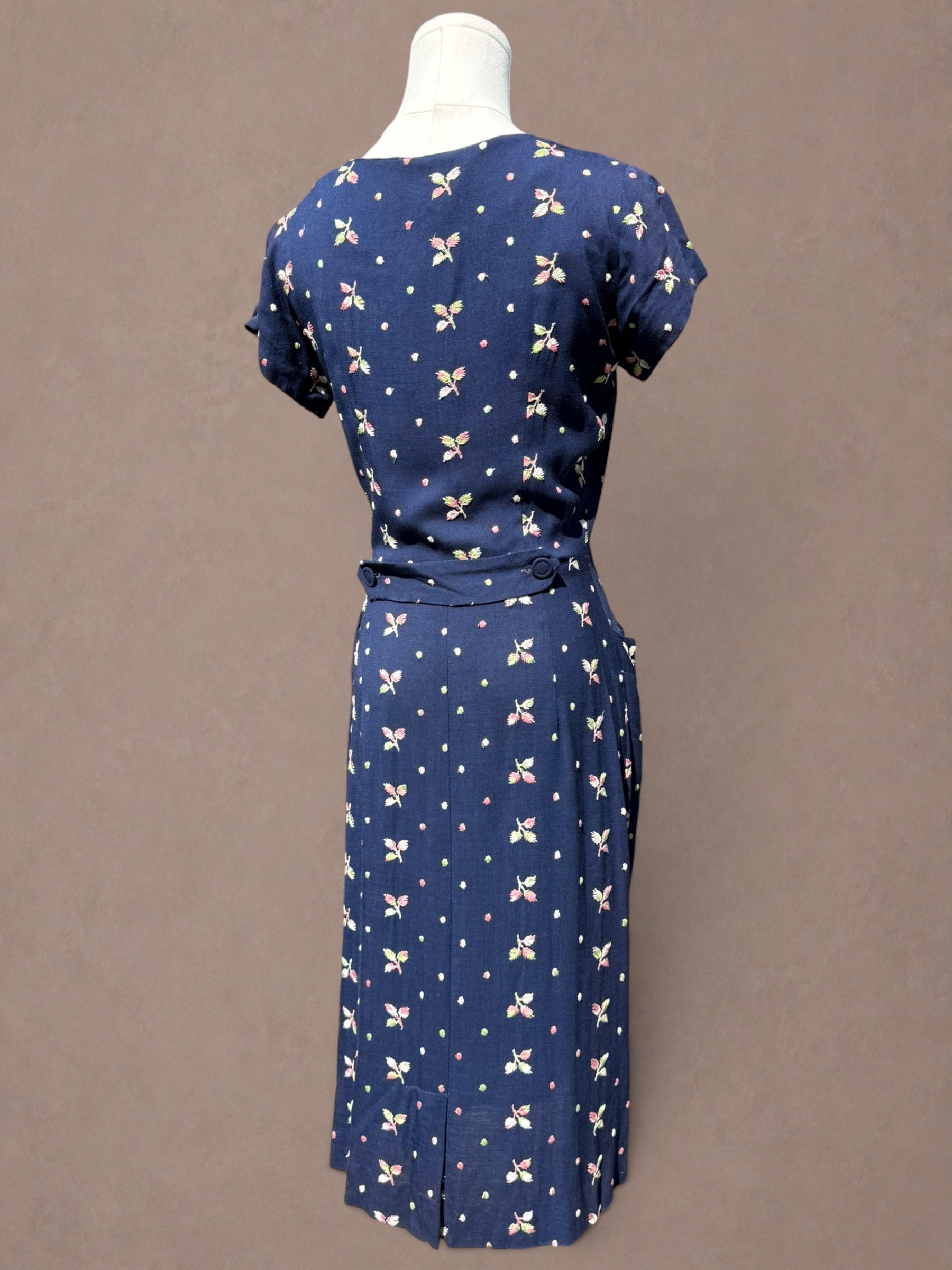 Navy Floral Embroidered Rayon 1940s Day Dress