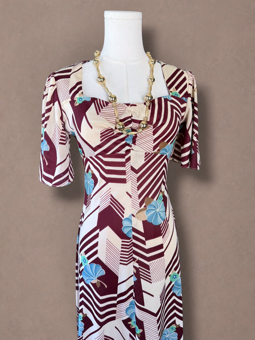 Abstract Hawaiian Print 70s Maxi Dress