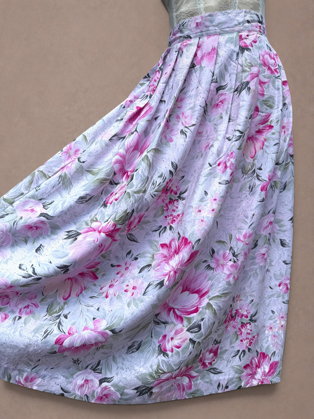 Romantic Garden Floral Print 1980s Rayon Midi Skirt