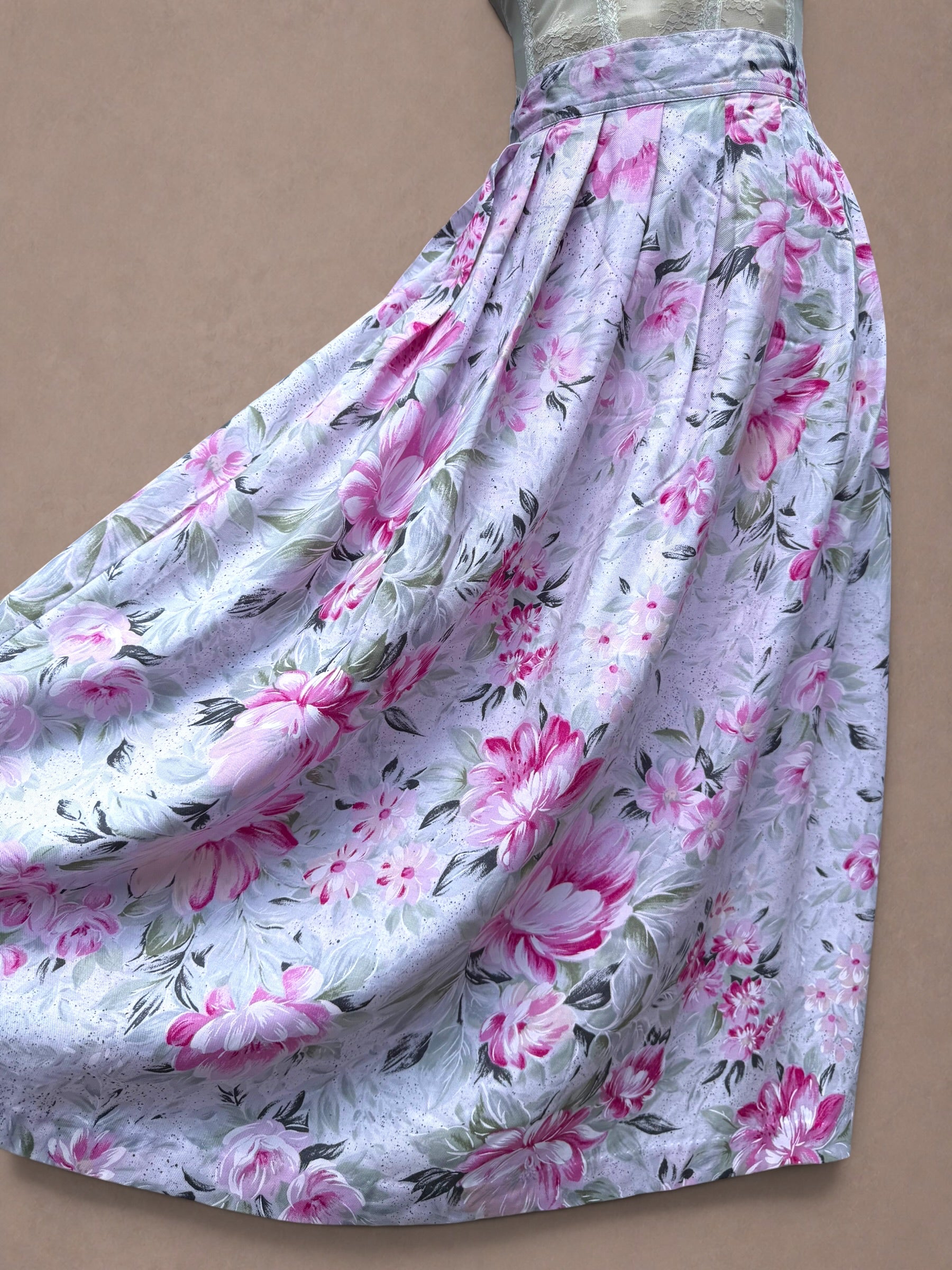 Romantic Garden Floral Print 1980s Rayon Midi Skirt