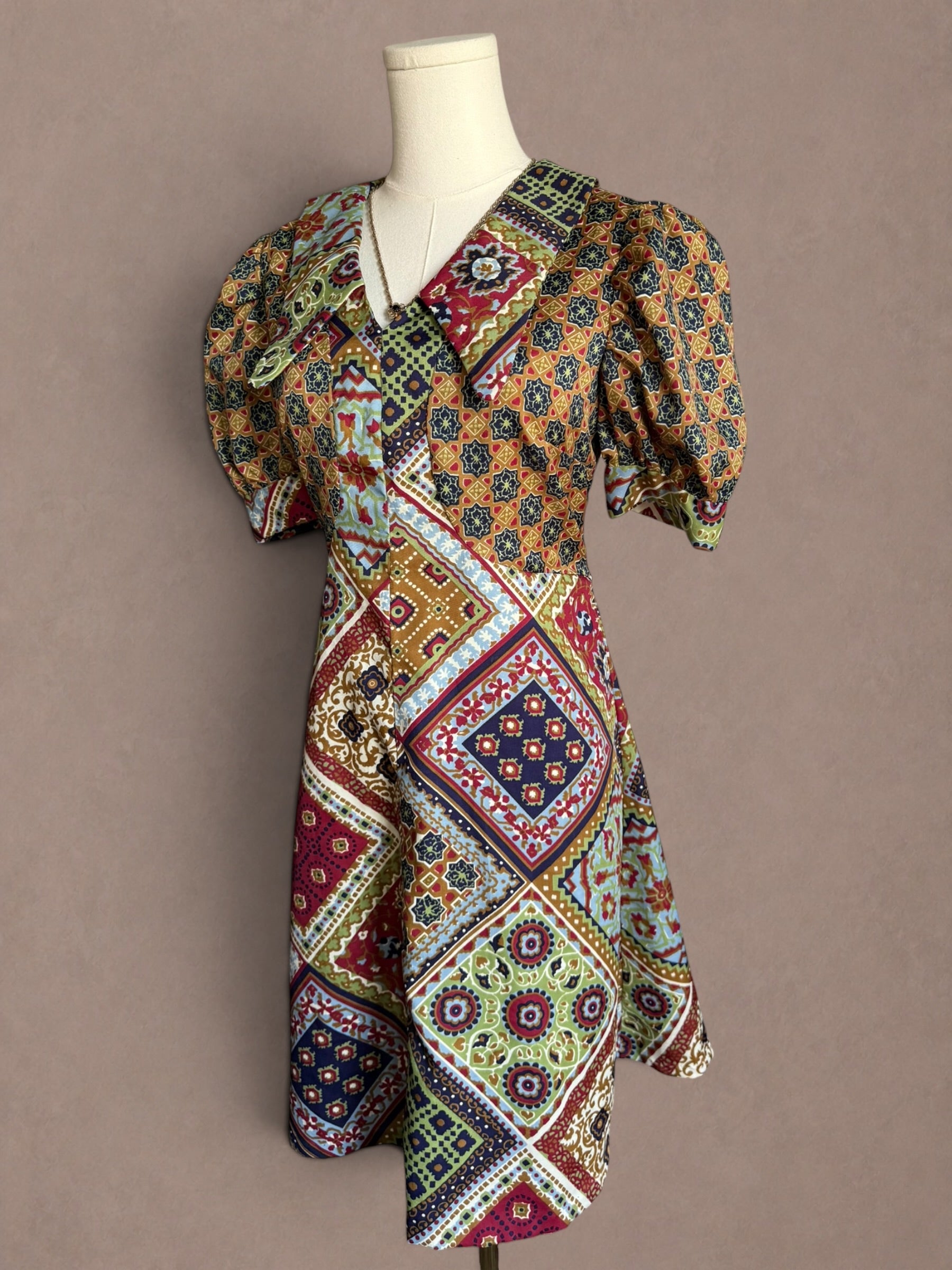Patchwork Scarf Print 70s Mini Dress with Puff Sleeves