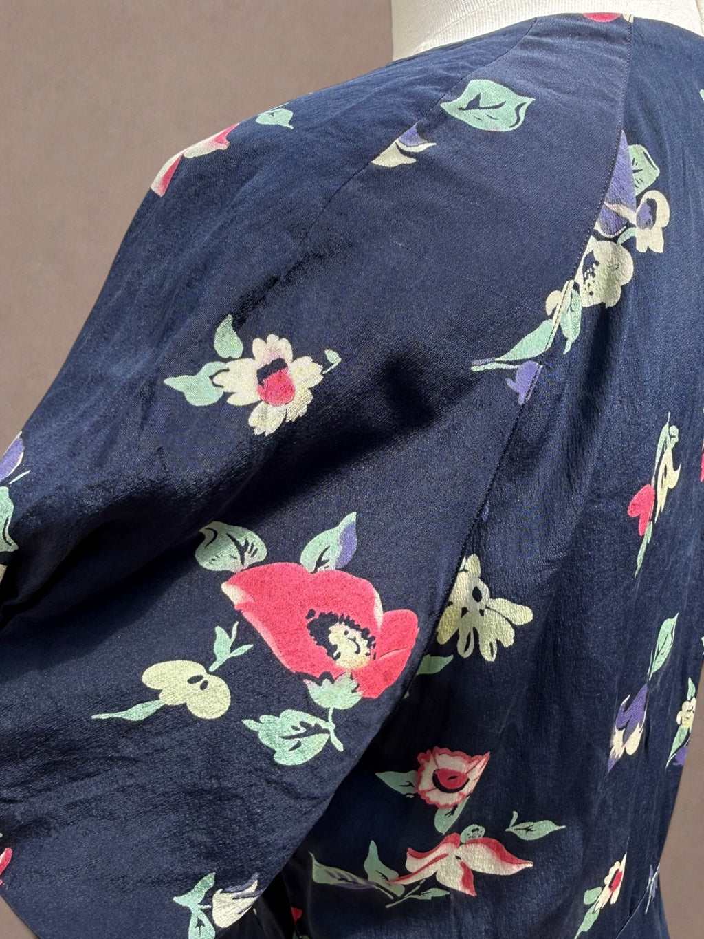 Navy Floral 1930s Bias Cut Rayon Day Dress