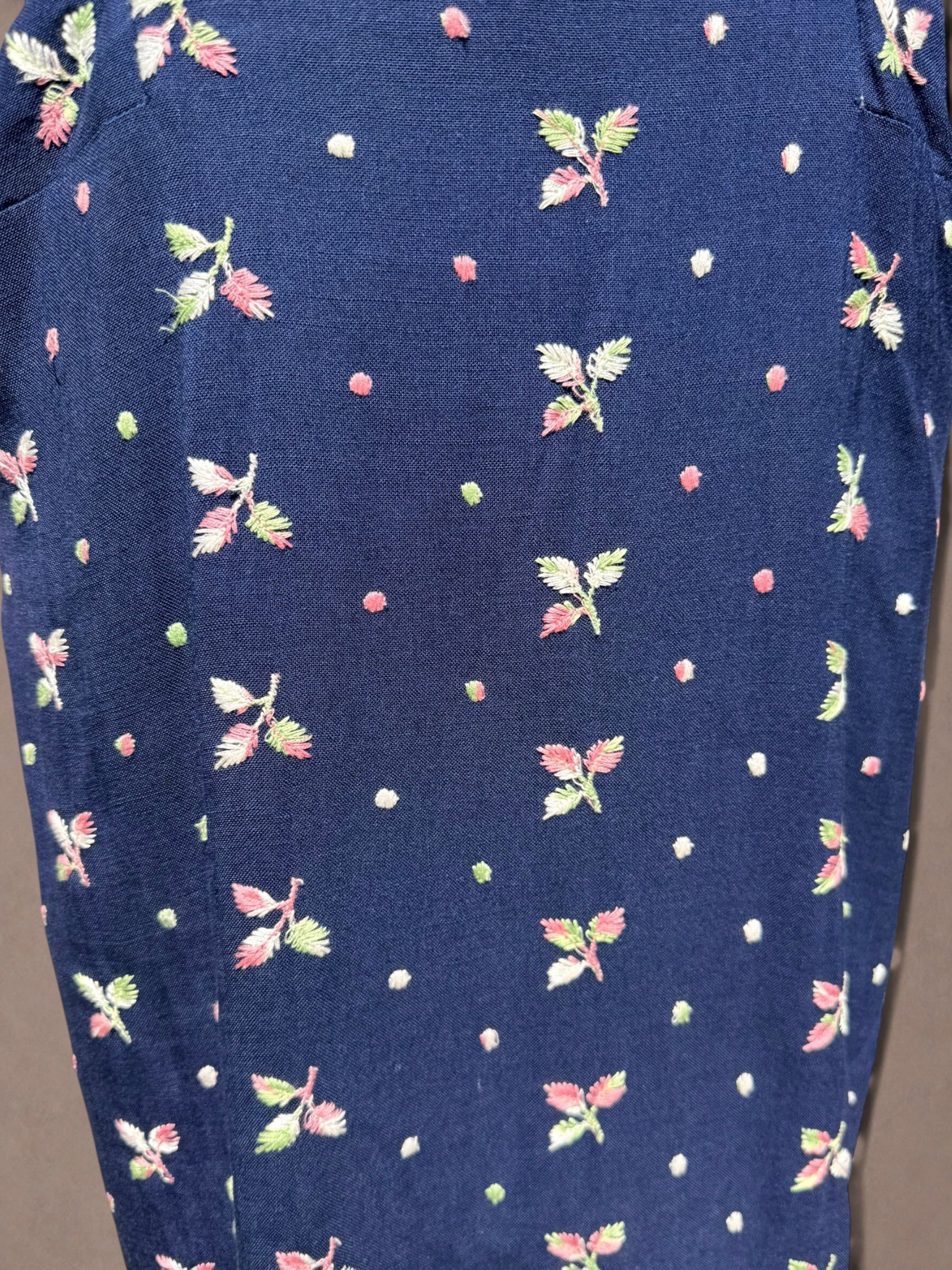 Navy Floral Embroidered Rayon 1940s Day Dress