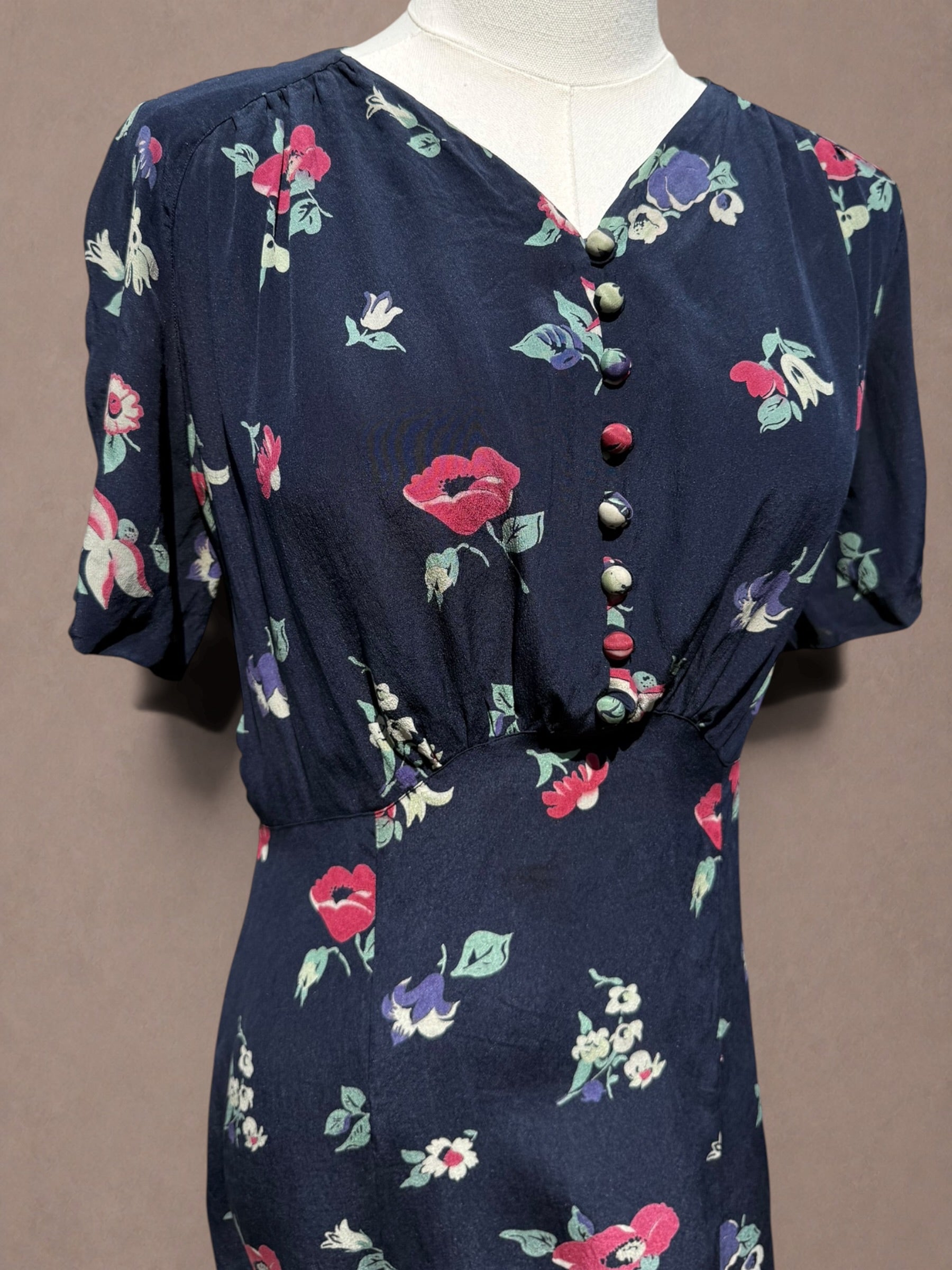 Navy Floral 1930s Bias Cut Rayon Day Dress