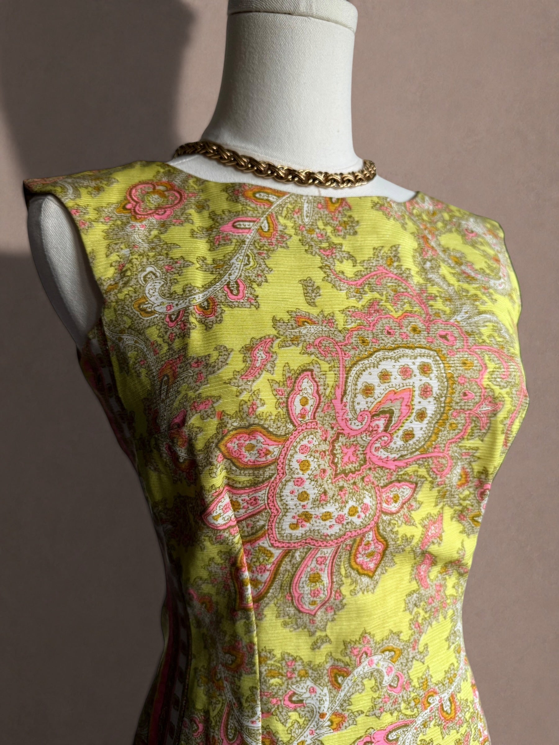 Neon Yellow & Hot Pink 60s Paisley Mod Mini Dress by Cos Cob
