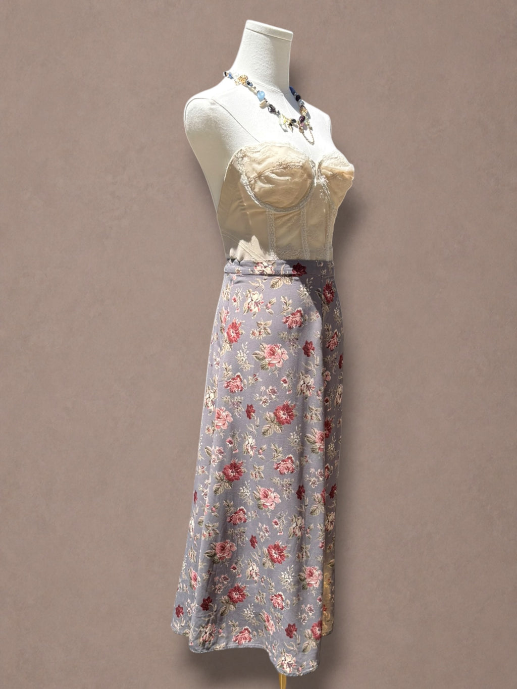 Dusty Rose Floral 90s does 40s Bias-Cut Midi Skirt