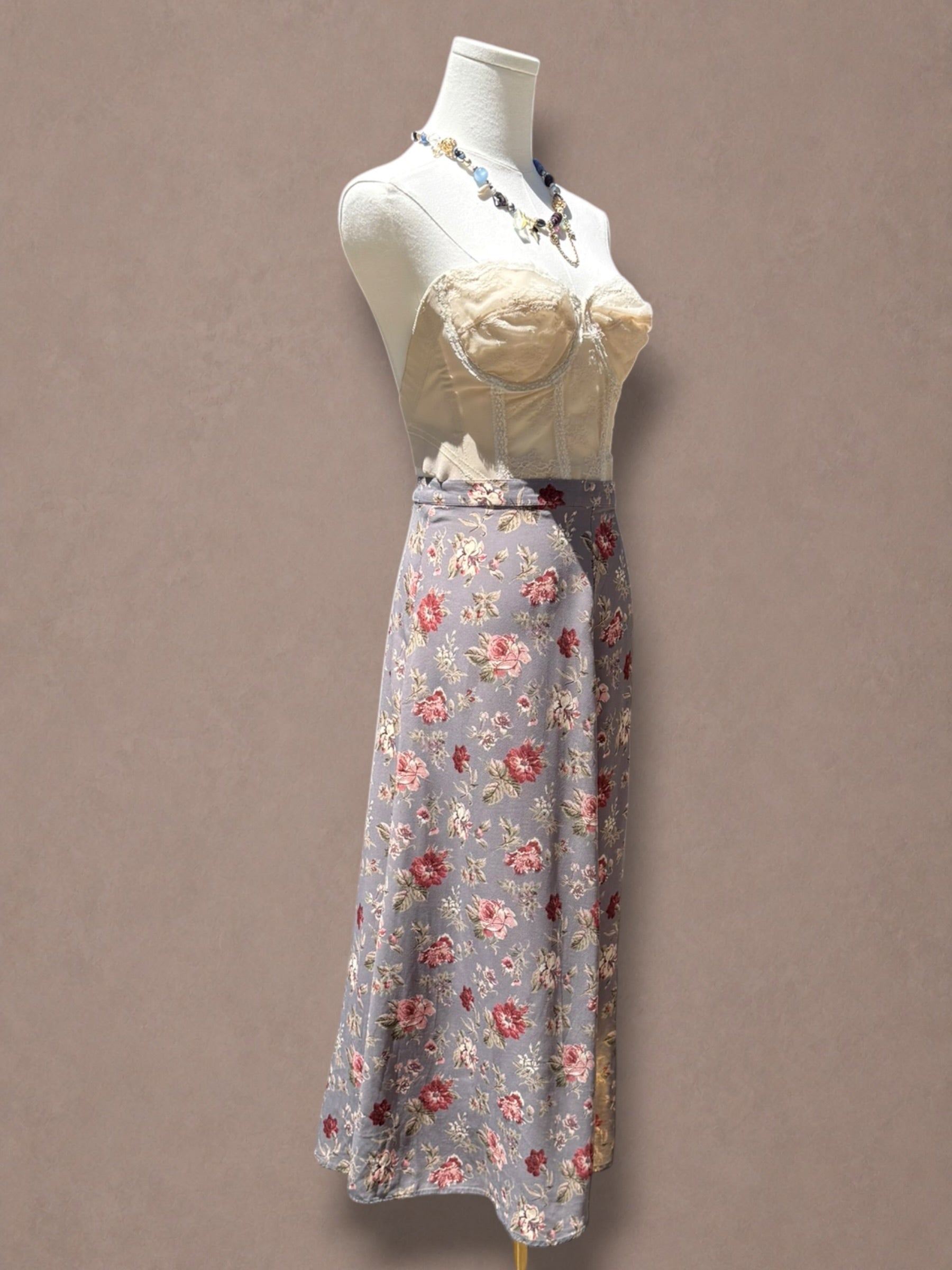 Dusty Rose Floral 90s does 40s Bias-Cut Midi Skirt