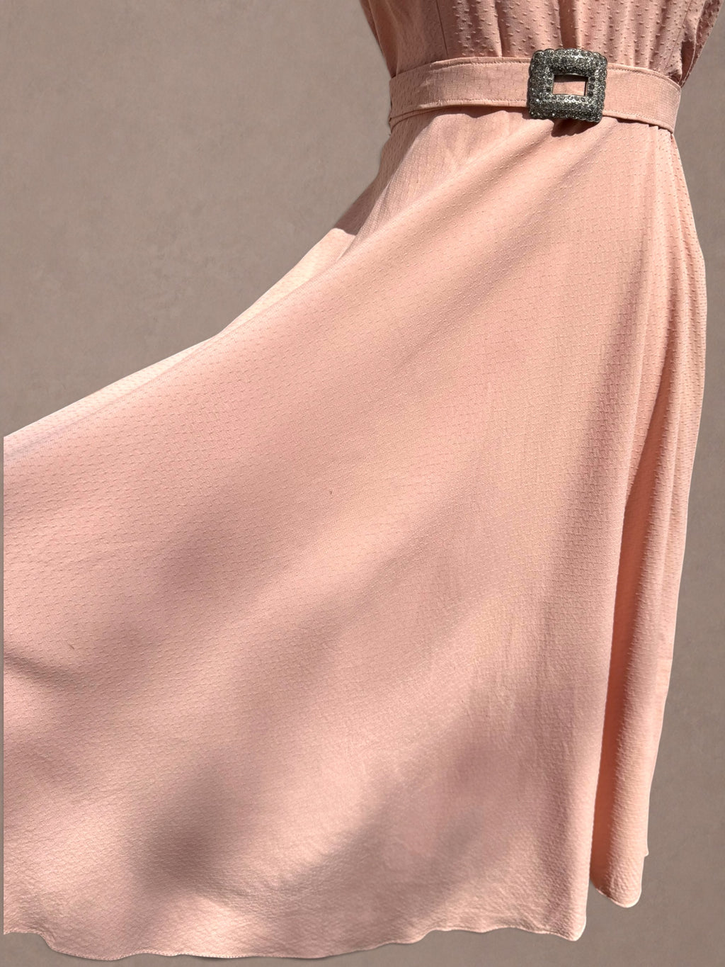 Blush Pink 1940s Swiss Dot Rayon Crepe Dress with Rhinestone Trim & Belt