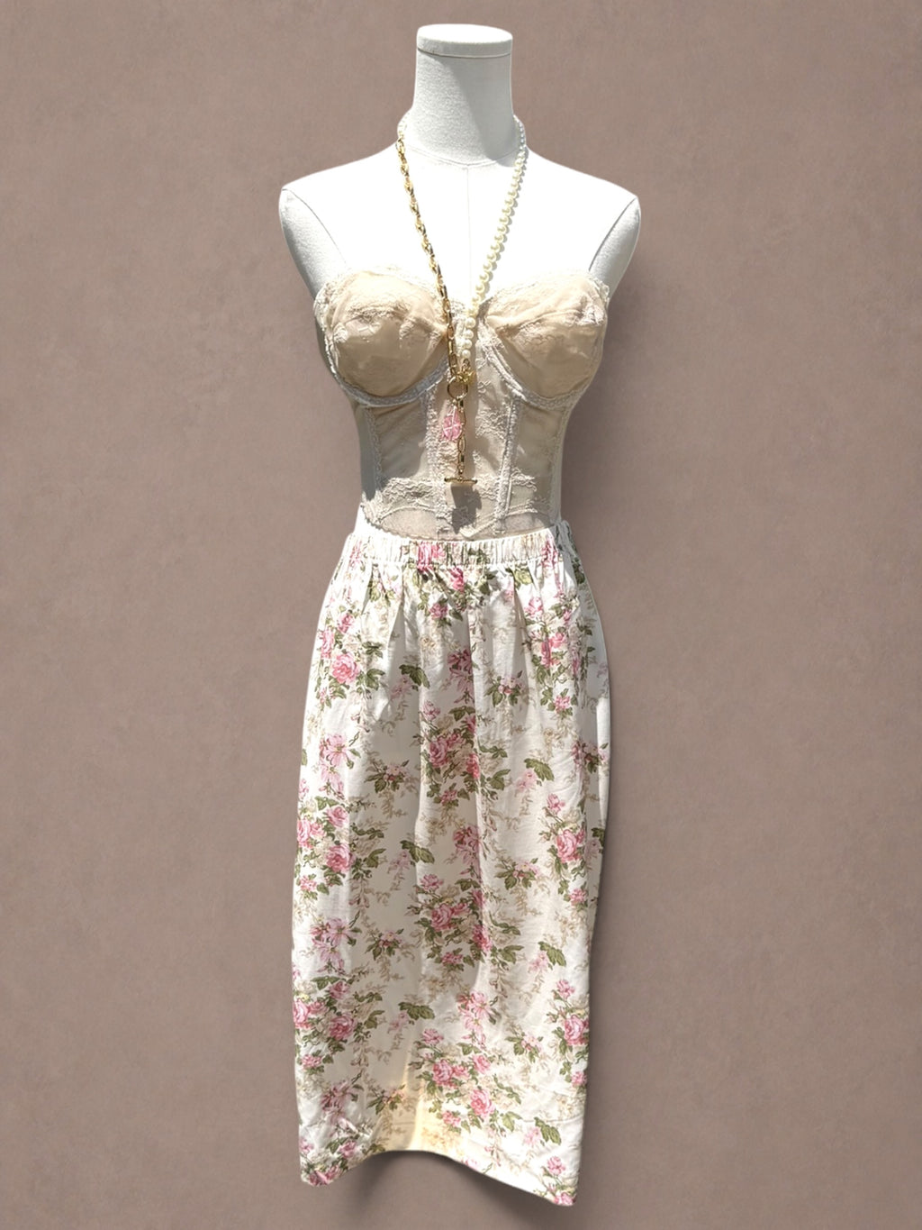 Cream and Pink 1980s Rose Garden Rayon Midi Skirt