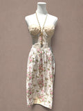 Cream and Pink 1980s Rose Garden Rayon Midi Skirt