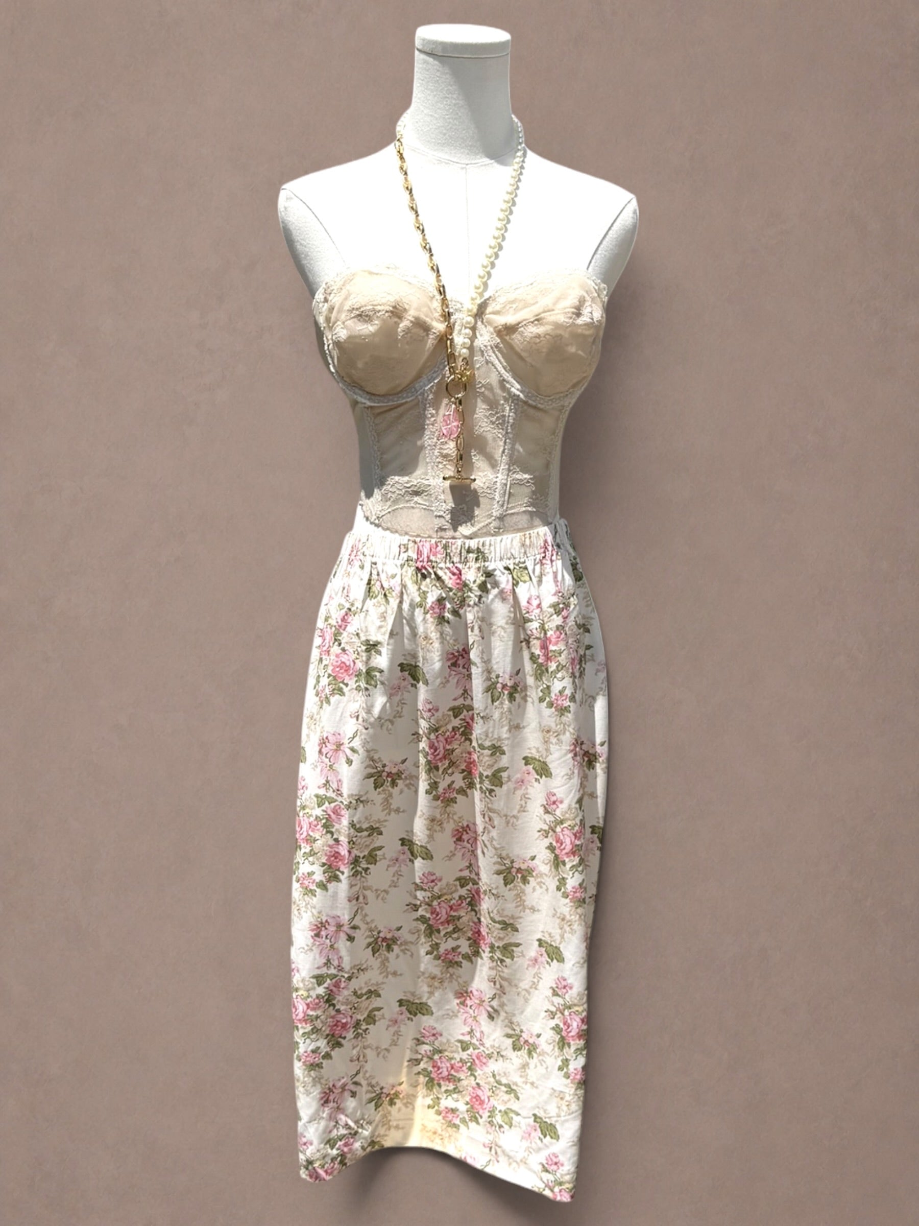 Cream and Pink 1980s Rose Garden Rayon Midi Skirt