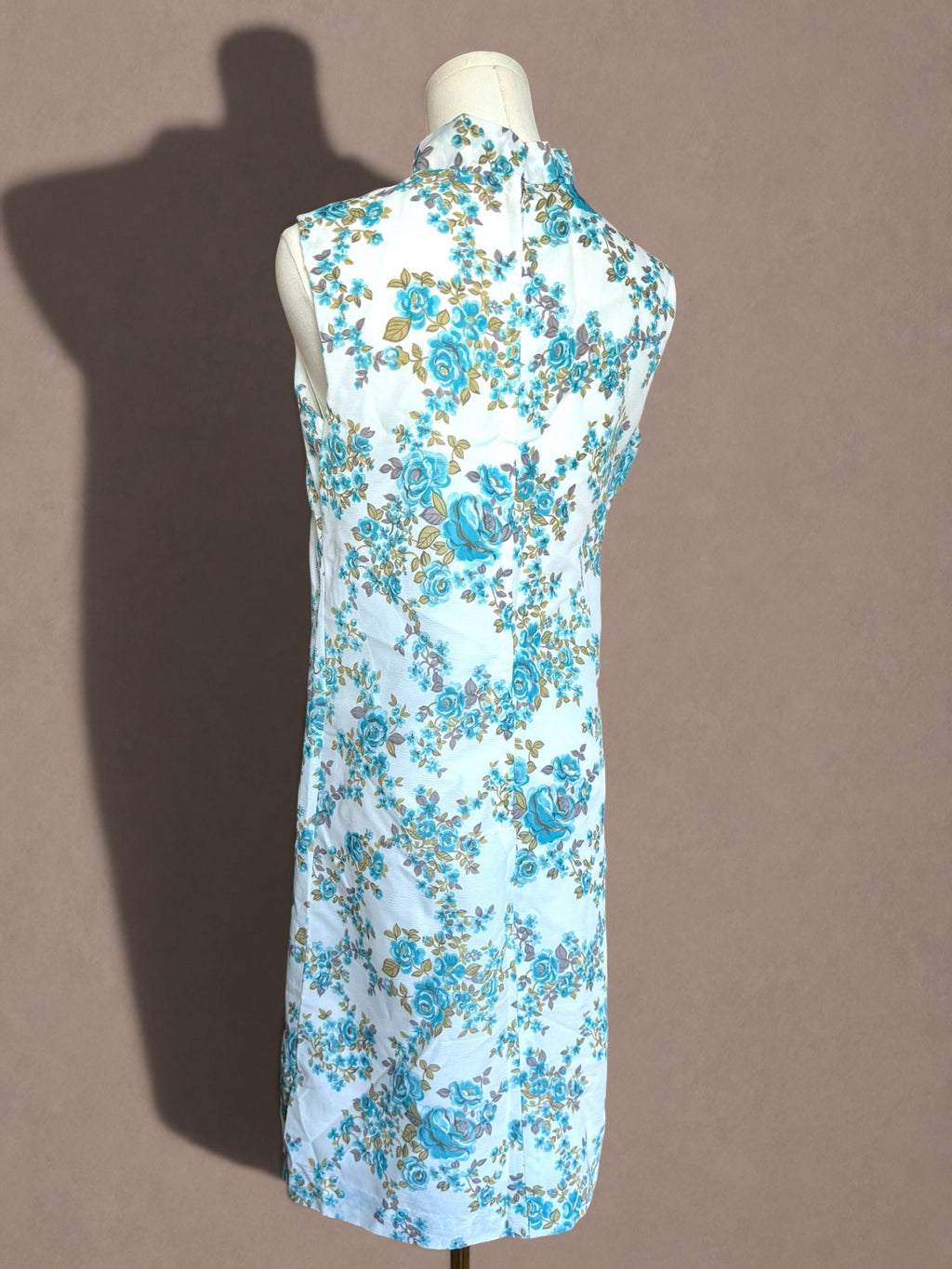 Blue Floral 60s Shift Dress with Bow Neckline