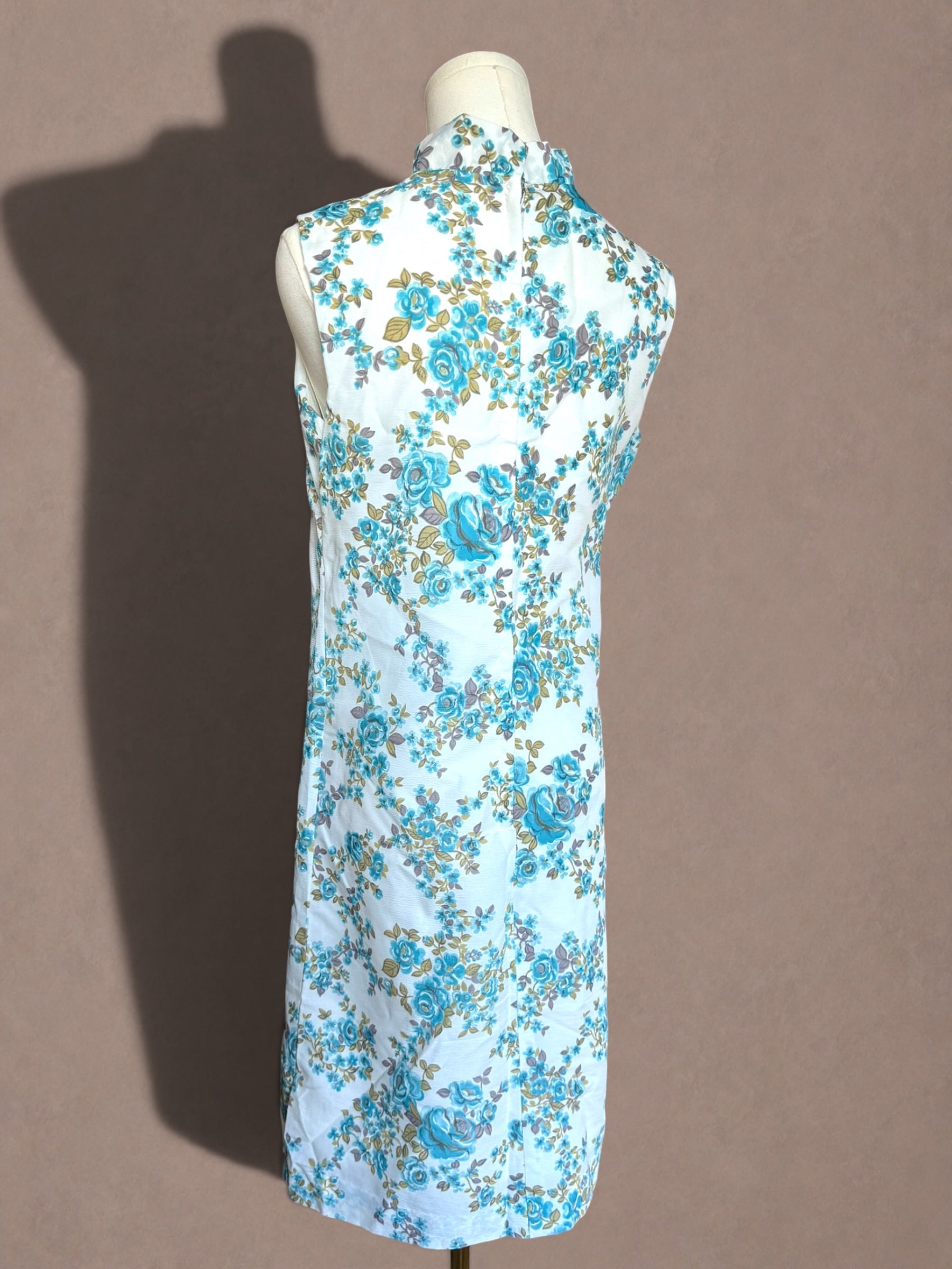 Blue Floral 60s Shift Dress with Bow Neckline