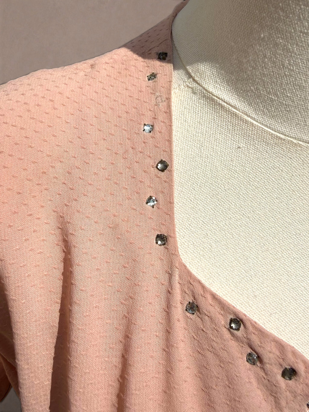 Blush Pink 1940s Swiss Dot Rayon Crepe Dress with Rhinestone Trim & Belt