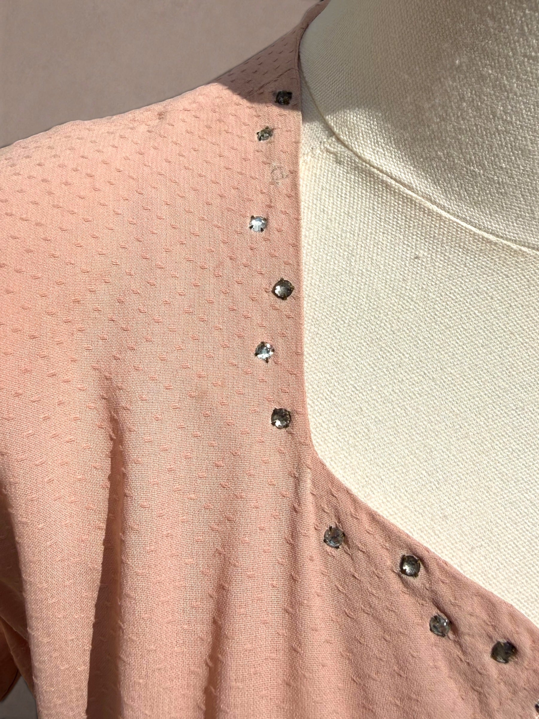 Blush Pink 1940s Swiss Dot Rayon Crepe Dress with Rhinestone Trim & Belt
