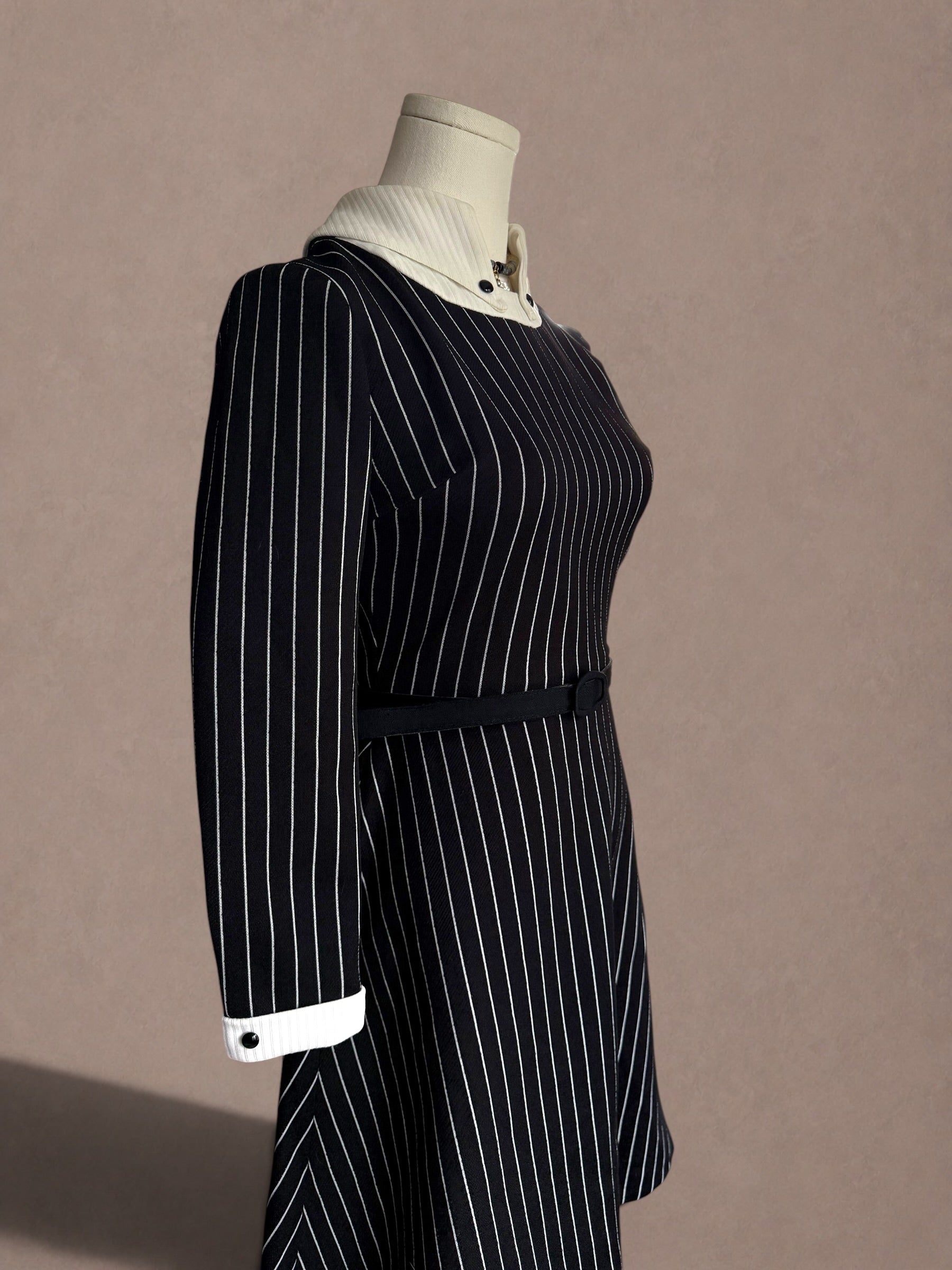 Mod Revival 70s Pinstripe Dress with Sculptural Collar