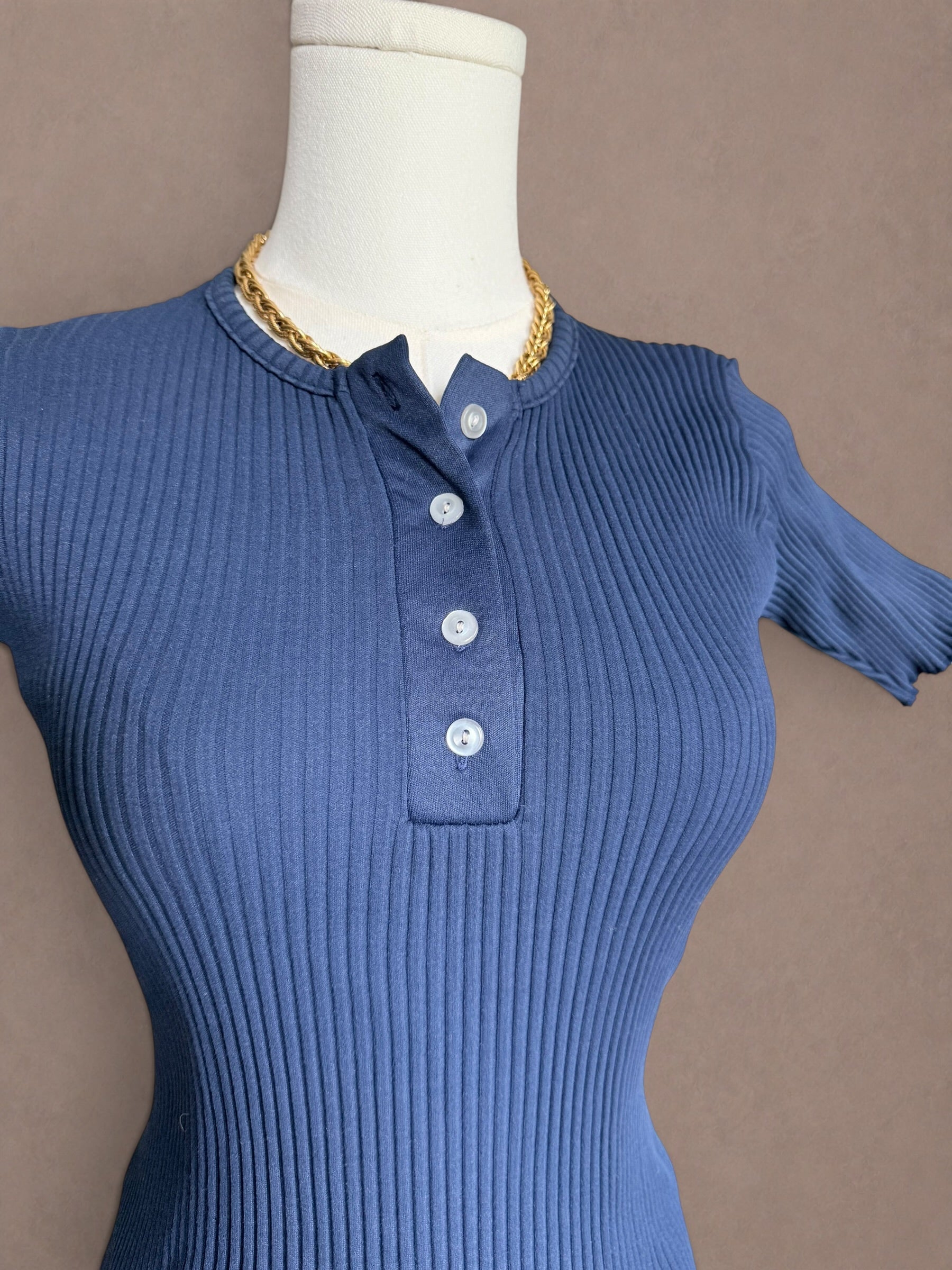 Navy Blue 70s Ribbed Henley Tee