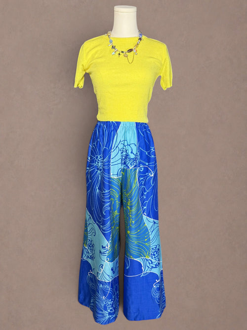 Aqua & Chartreuse 1970s Tropical Floral Palazzo Pants