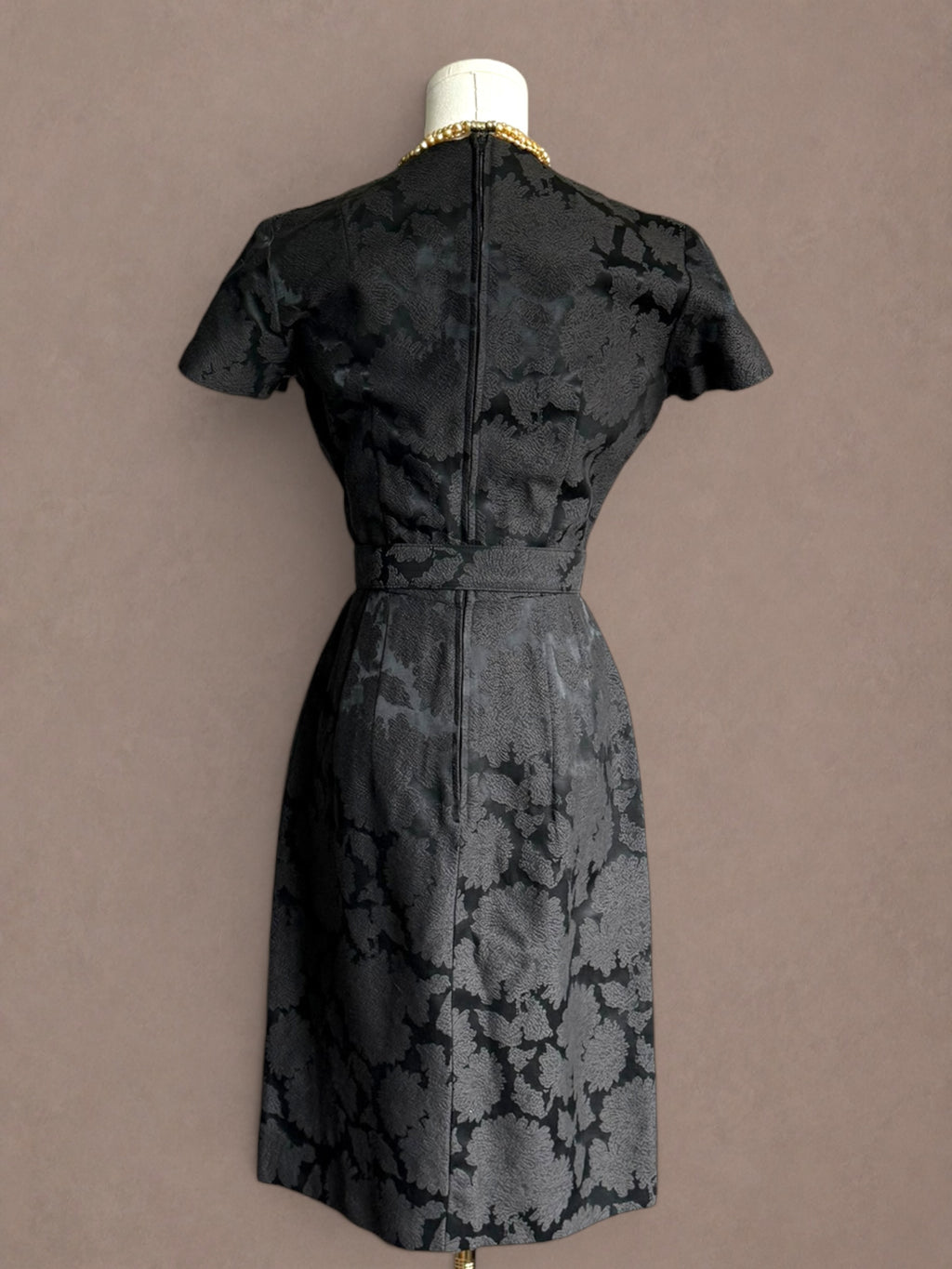 Black Floral Brocade 50s Cocktail Dress with Matching Belt