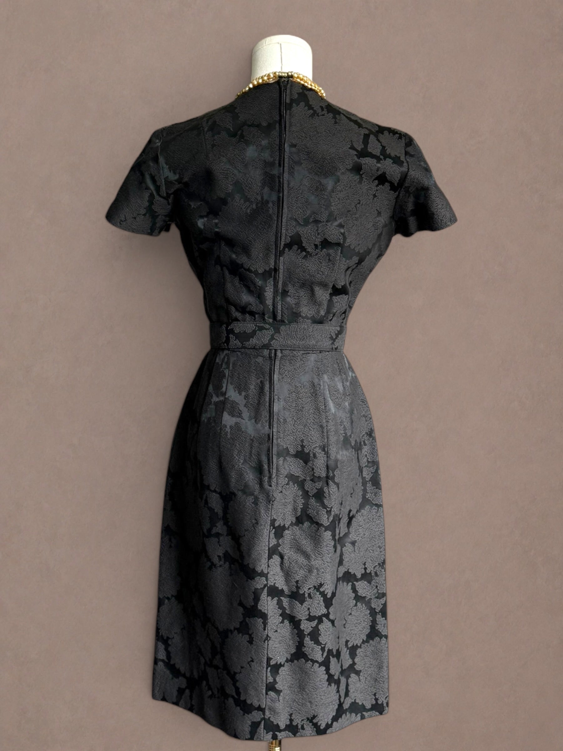 Black Floral Brocade 50s Cocktail Dress with Matching Belt
