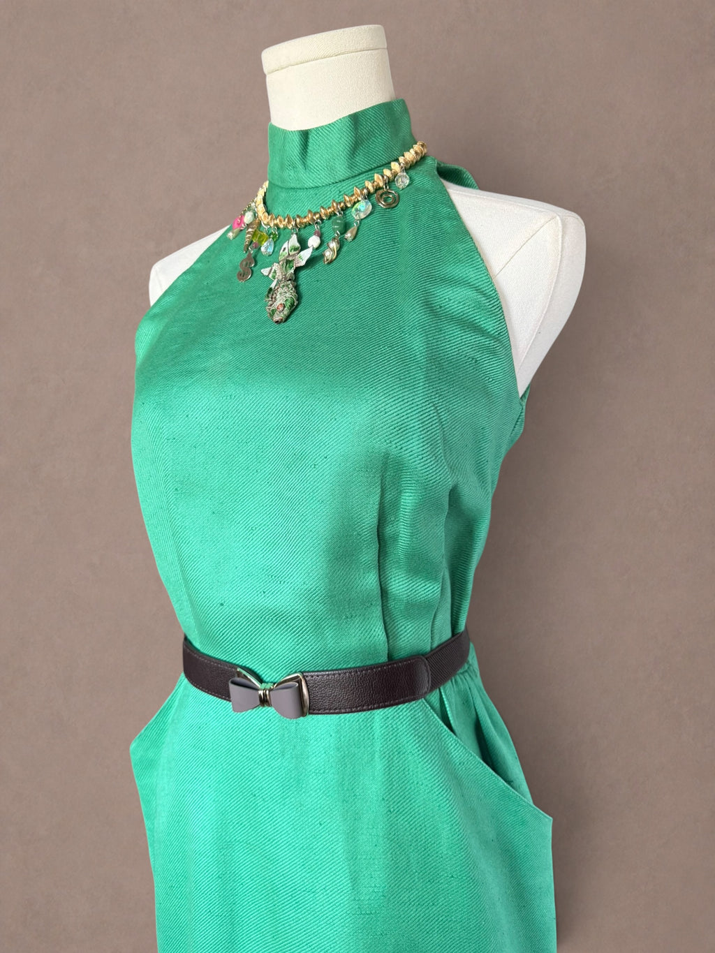 Neiman Marcus Emerald Green 70s Open Back Halter Dress