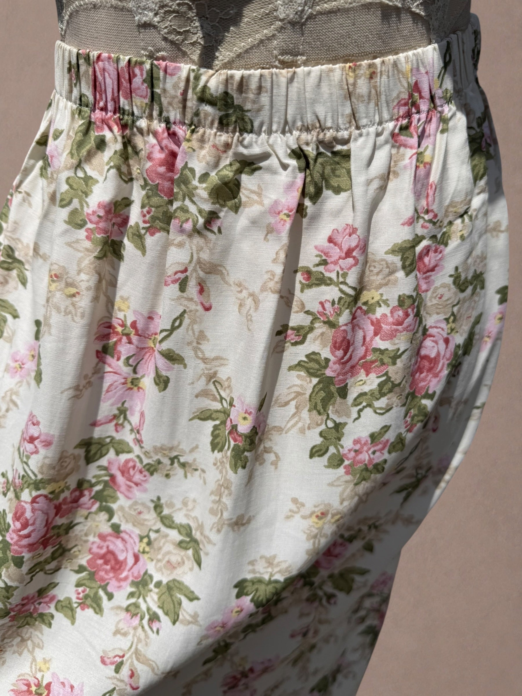 Cream and Pink 1980s Rose Garden Rayon Midi Skirt