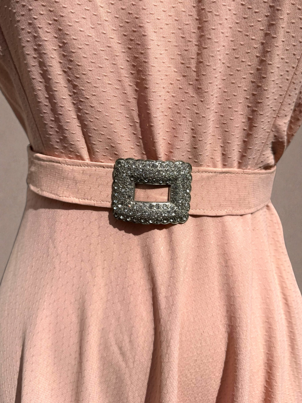 Blush Pink 1940s Swiss Dot Rayon Crepe Dress with Rhinestone Trim & Belt