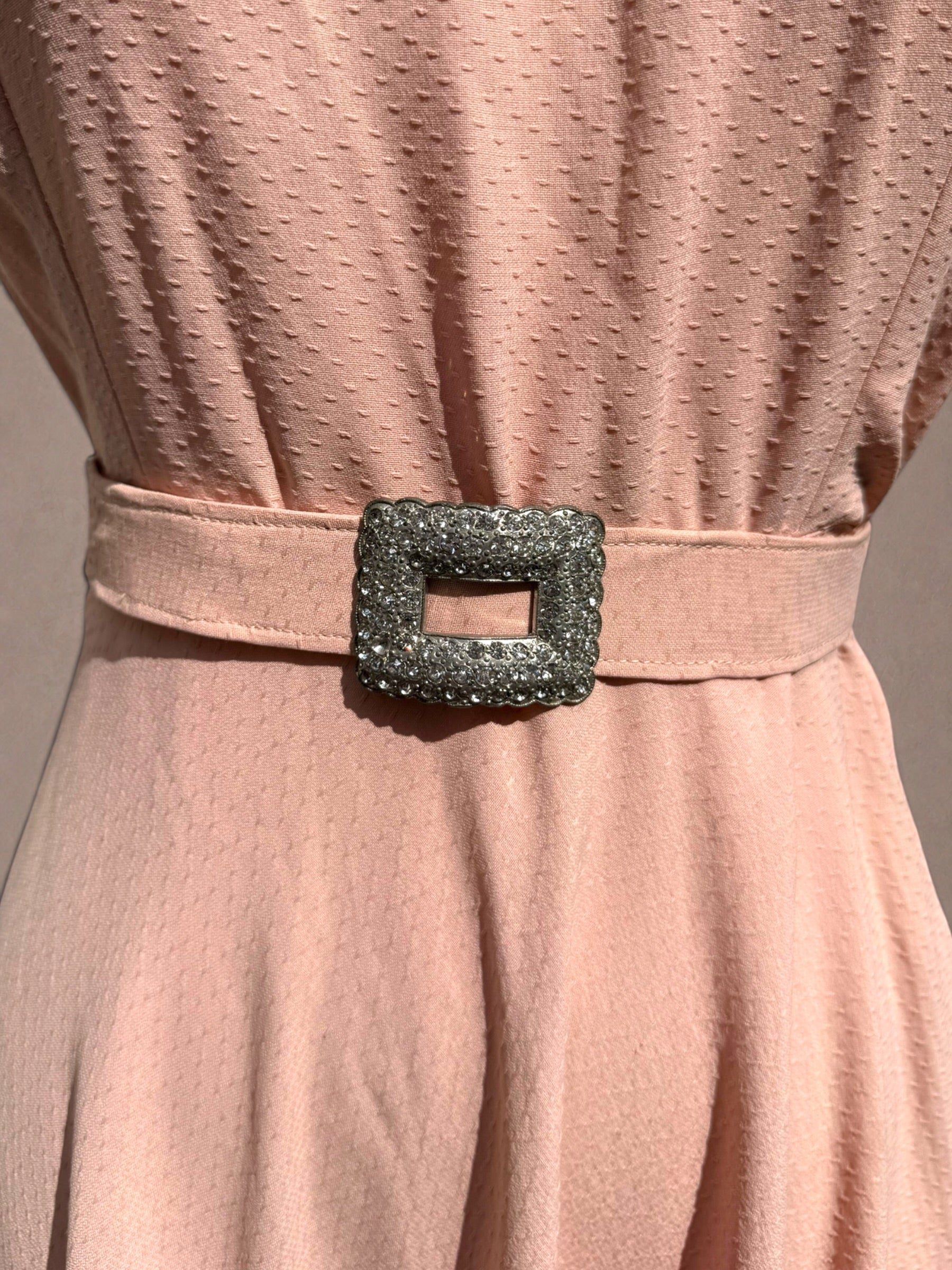 Blush Pink 1940s Swiss Dot Rayon Crepe Dress with Rhinestone Trim & Belt
